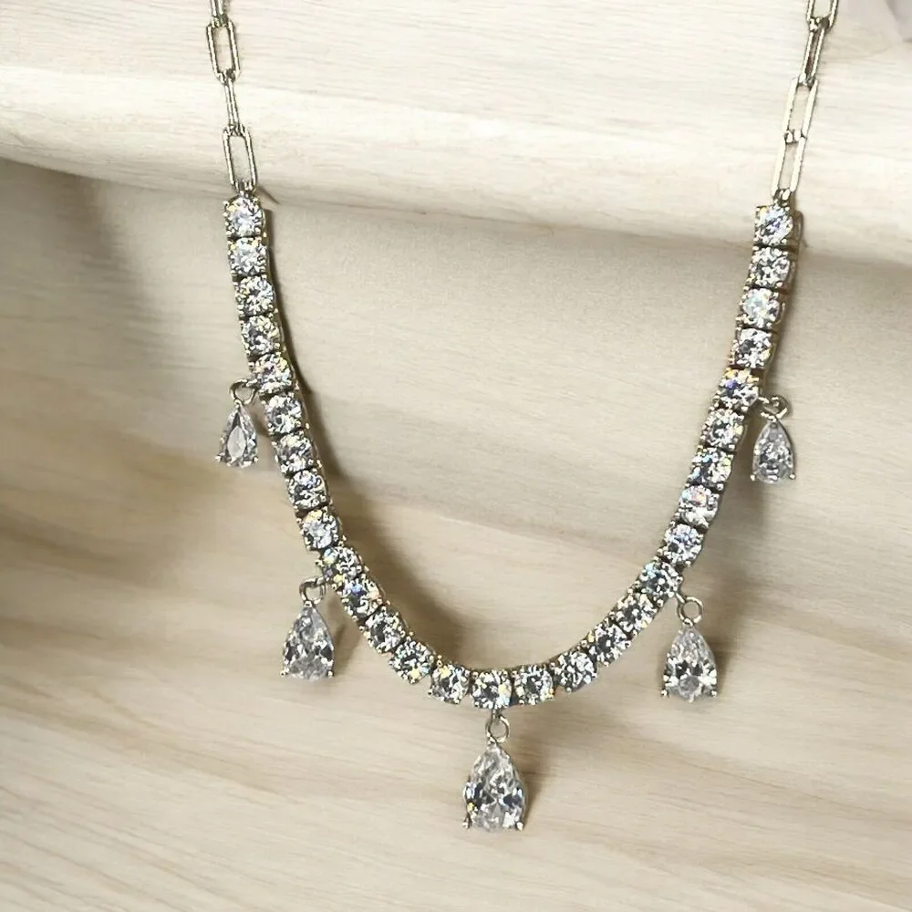 Sterling Silver Stunning CZ Drop Necklace Elegant Stylish Fashion Chic Glam NEW